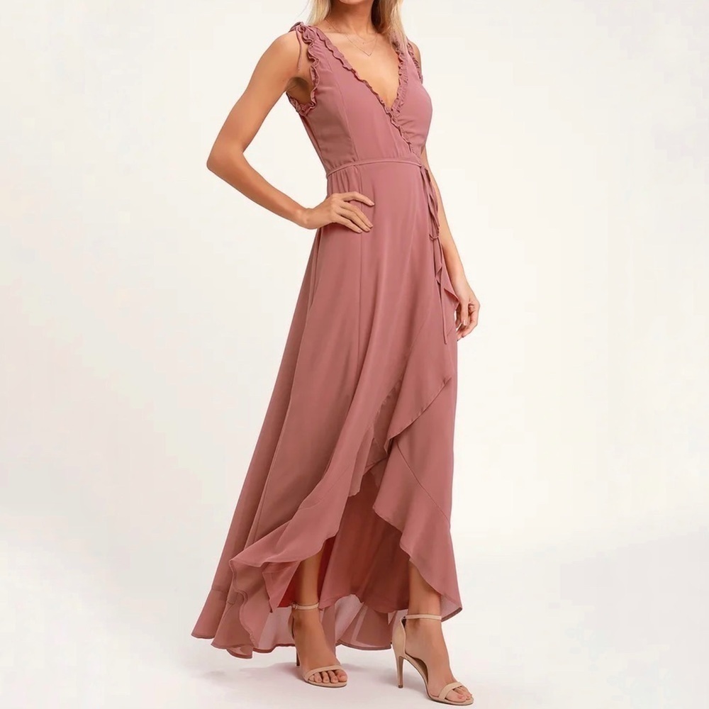 𝅺LULU’S Juliette Mauve Ruffled High-Low Maxi Wrap Dress